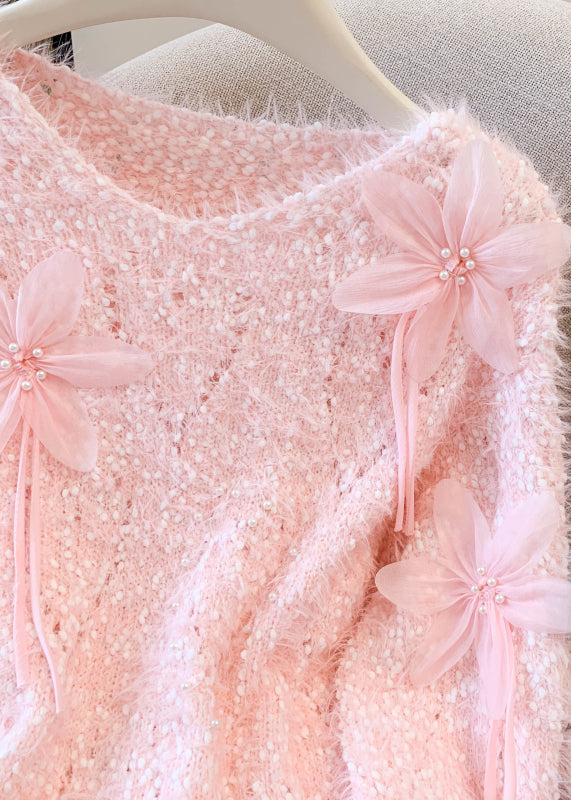 Boutique Pink Faux Mink Hair Knitted Cozy Sweater Winter