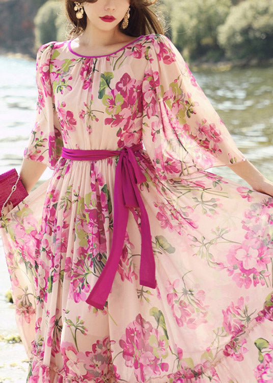 Boutique Pink O-neck Print Tie Waist Silk Long Dress Half Sleeve