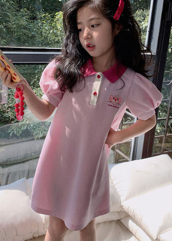 Boutique Pink Peter Pan Collar Patchwork Cotton Kids Dresses Summer