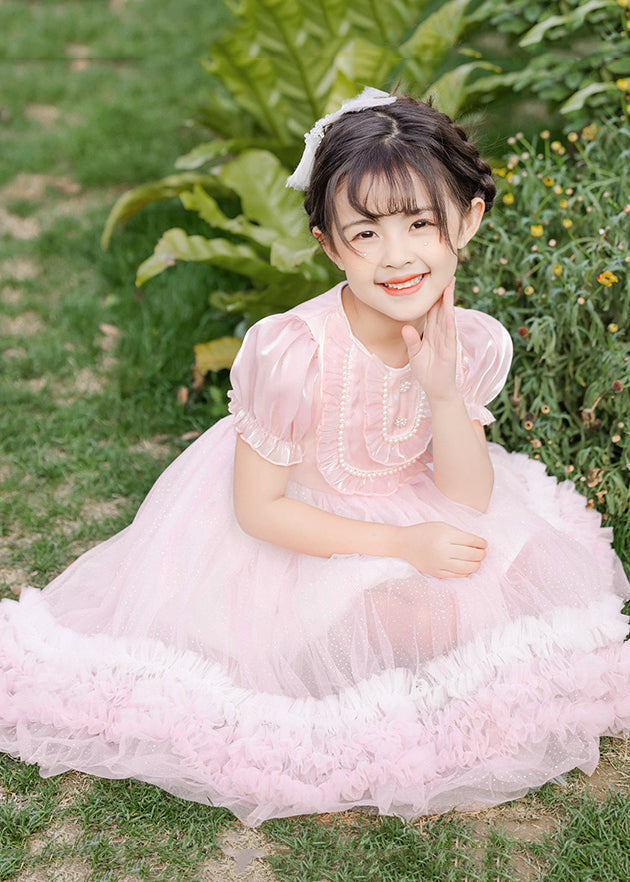 Boutique Pink Puff Sleeve Nail Bead Tulle Baby Mid Dress Summer