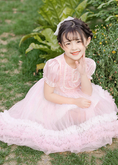 Boutique Pink Puff Sleeve Nail Bead Tulle Baby Mid Dress Summer