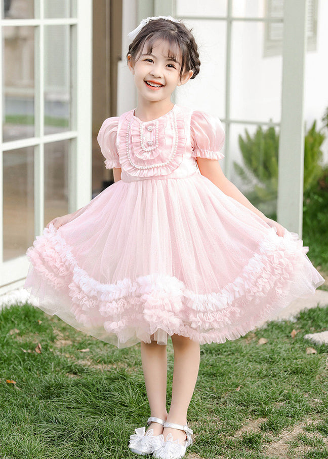 Boutique Pink Puff Sleeve Nail Bead Tulle Baby Mid Dress Summer
