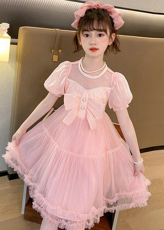 Boutique Pink Puff Sleeve Patchwork Tulle Baby Maxi Dress Summer