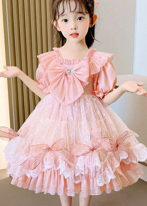 Boutique Pink Ruffled Bow Patchwork Tulle Kids Dress Summer