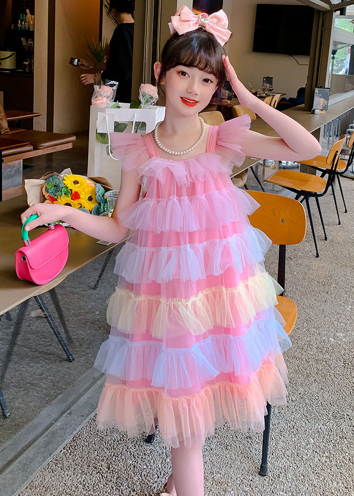 Boutique Pink Square Collar Layered Ruffled Tulle Kids Beach Dresses Summer
