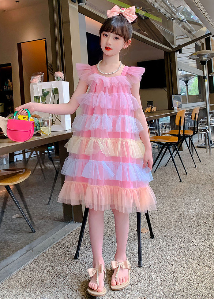 Boutique Pink Square Collar Layered Ruffled Tulle Kids Beach Dresses Summer