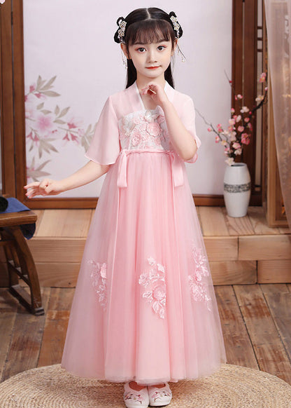 Boutique Pink V Neck Layered Patchwork Tulle Maxi Dress Short Sleeve