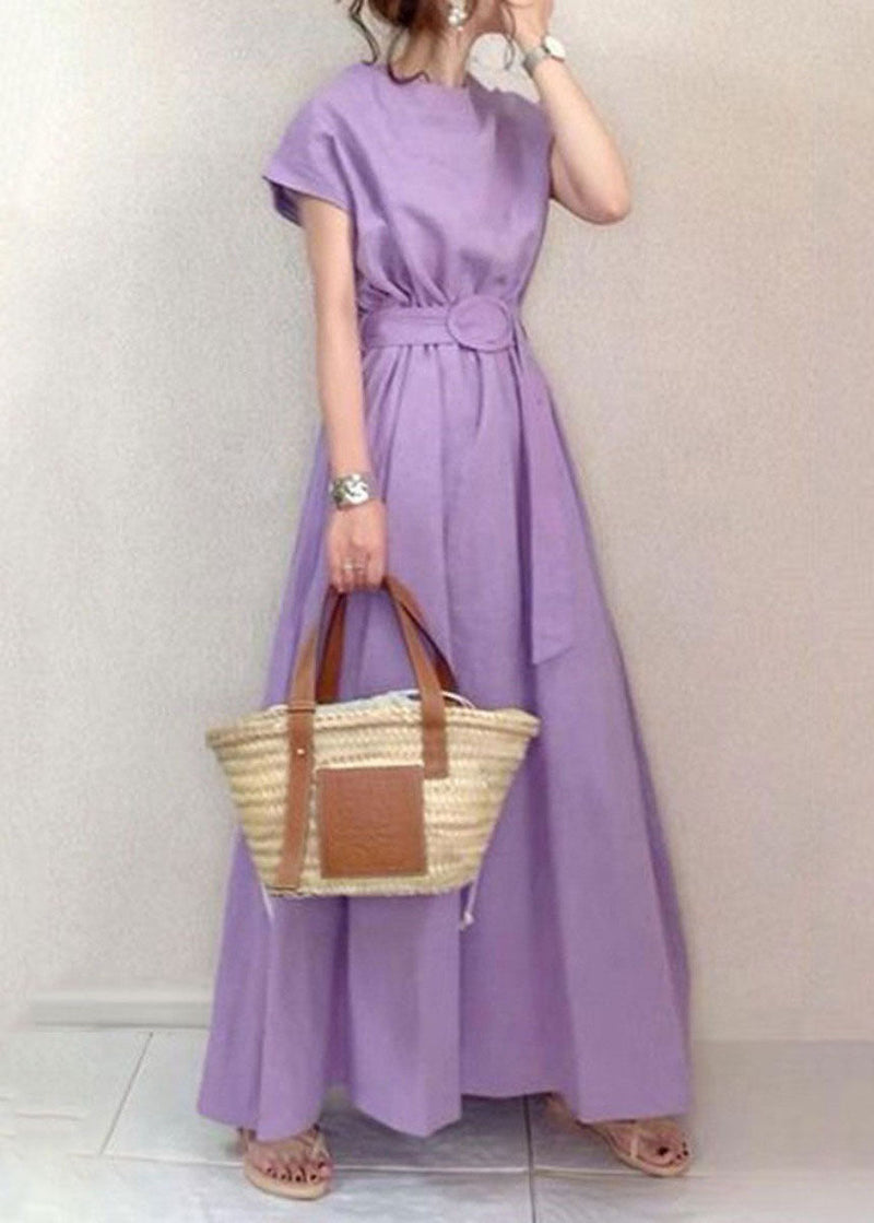 Boutique Purple O-neck Exra Large Hem Cotton Long Cinched Dress Short Sleeve