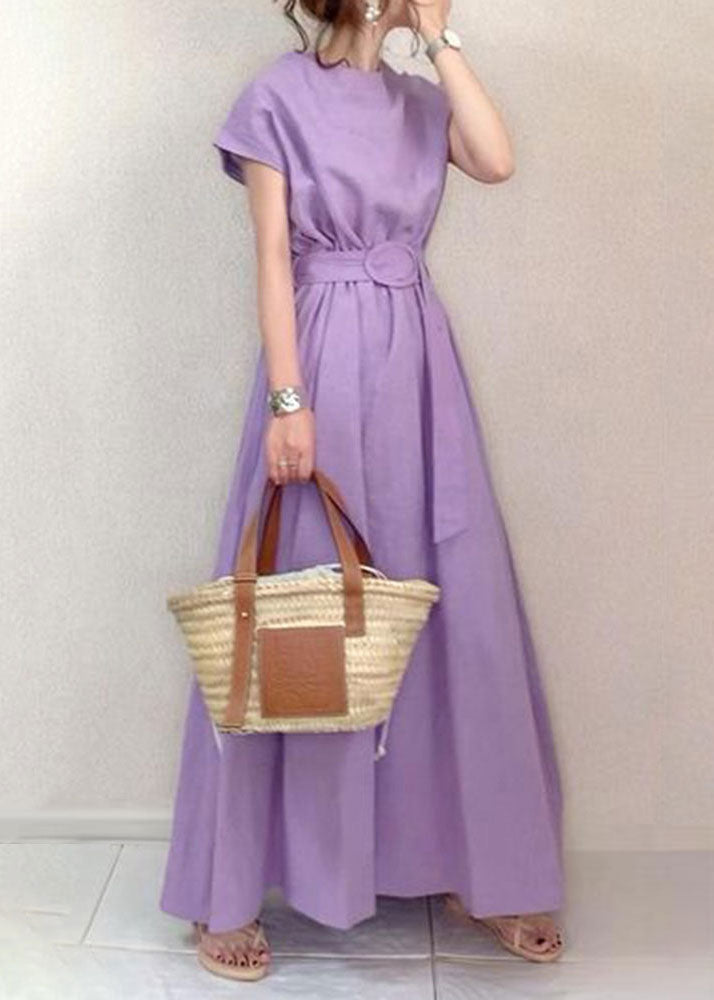 Boutique Purple O-neck Exra Large Hem Cotton Long Cinched Dress Short Sleeve