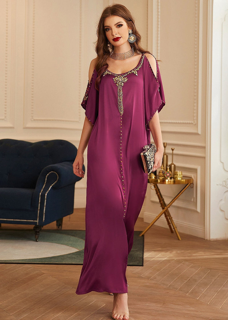 Boutique Purple O-neck Patchwork Cold Shoulder Slim Silk Holiday Long Dress Summer