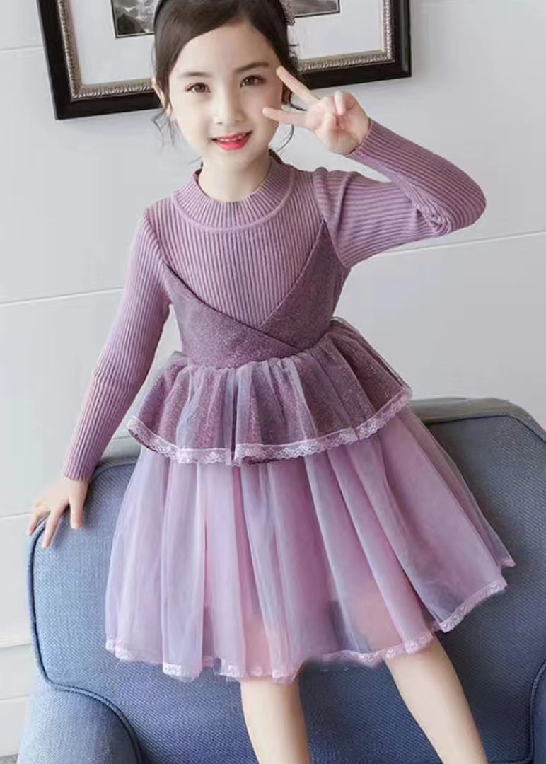 Boutique Purple O Neck Tulle Patchwork Knit Baby Dress Fall