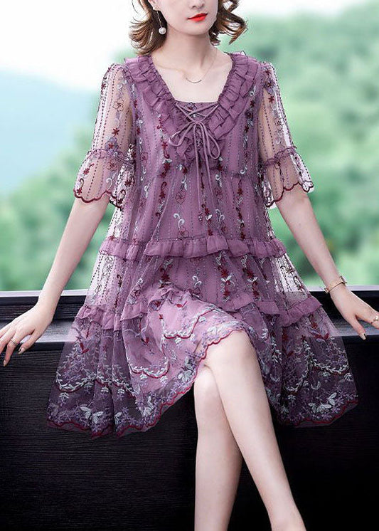 Boutique Purple Ruffles Print Hollow Out Tulle a Line Dresses Summer