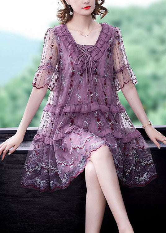 Boutique Purple Ruffles Print Hollow Out Tulle a Line Dresses Summer