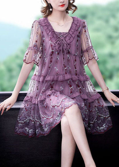 Boutique Purple Ruffles Print Hollow Out Tulle a Line Dresses Summer
