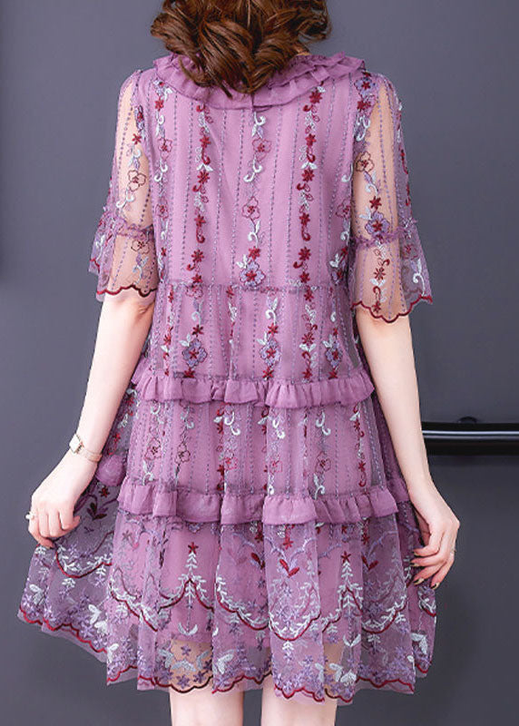 Boutique Purple Ruffles Print Hollow Out Tulle a Line Dresses Summer