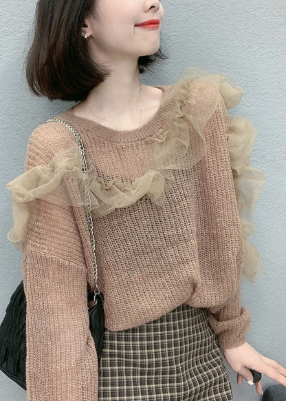 Boutique Purple Tulle Ruffled Loose Fall Knit Sweaters
