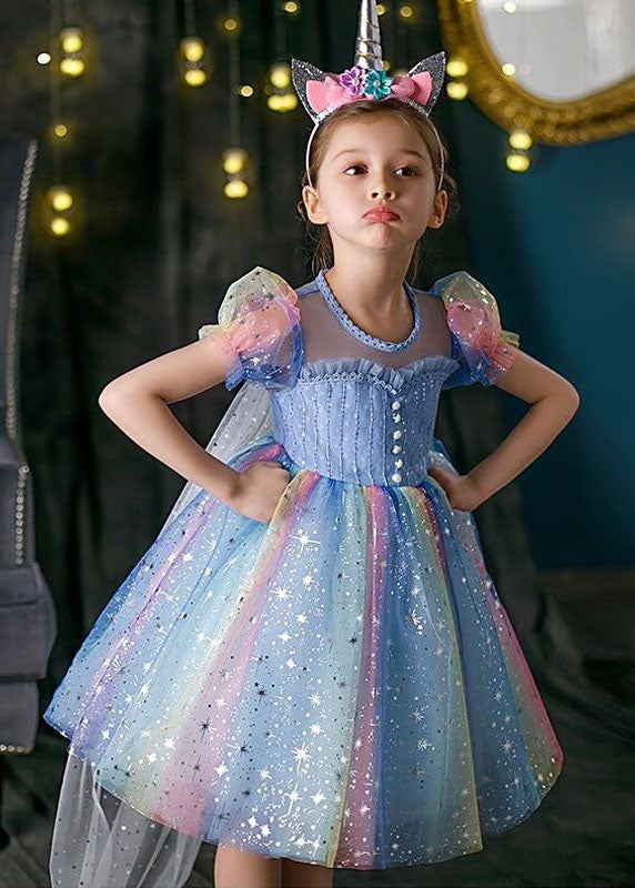 Boutique Rainbow Puff Sleeve Sequins Patchwork Tulle Baby Dress Summer