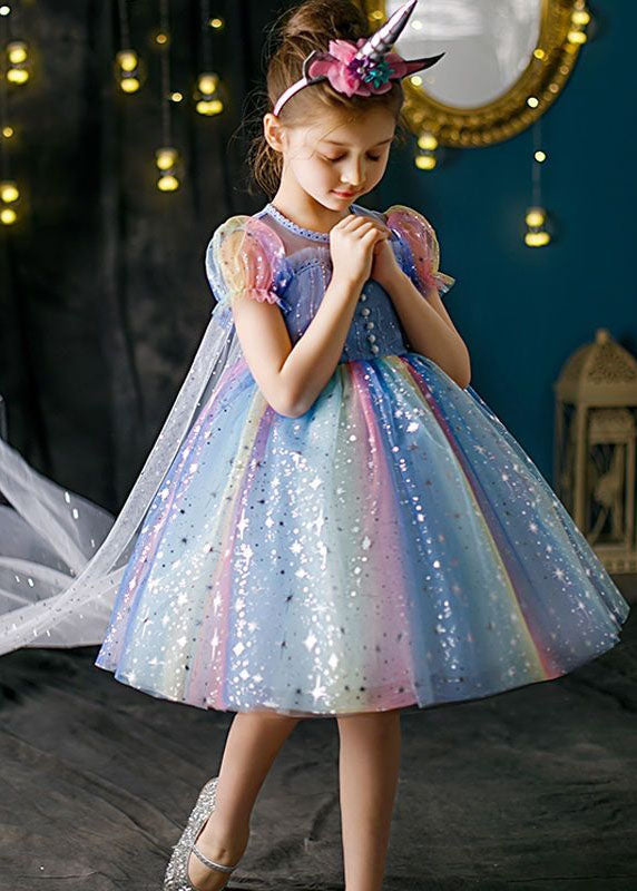 Boutique Rainbow Puff Sleeve Sequins Patchwork Tulle Baby Dress Summer