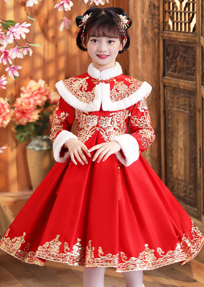 Boutique Red Fur Collar Embroideried Shawl and Dress Two Piece Set Winter