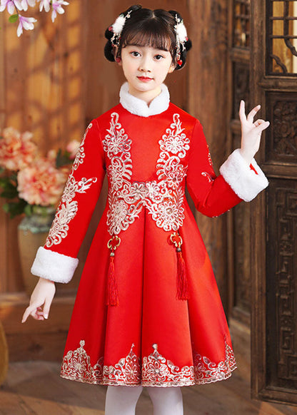 Boutique Red Fur Collar Embroideried Shawl and Dress Two Piece Set Winter
