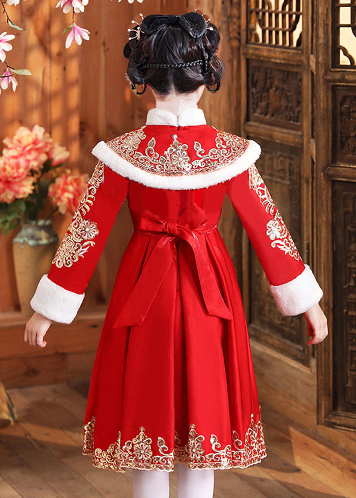 Boutique Red Fur Collar Embroideried Shawl and Dress Two Piece Set Winter