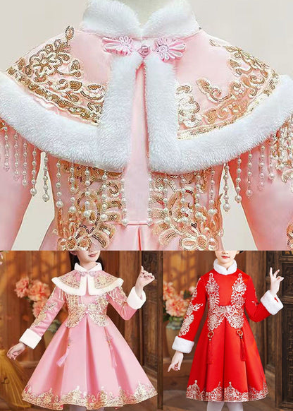 Boutique Red Fur Collar Embroideried Shawl and Dress Two Piece Set Winter