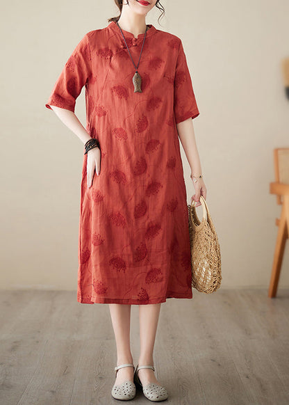 Boutique Red Mandarin Collar Embroidered Oriental Dress Summer