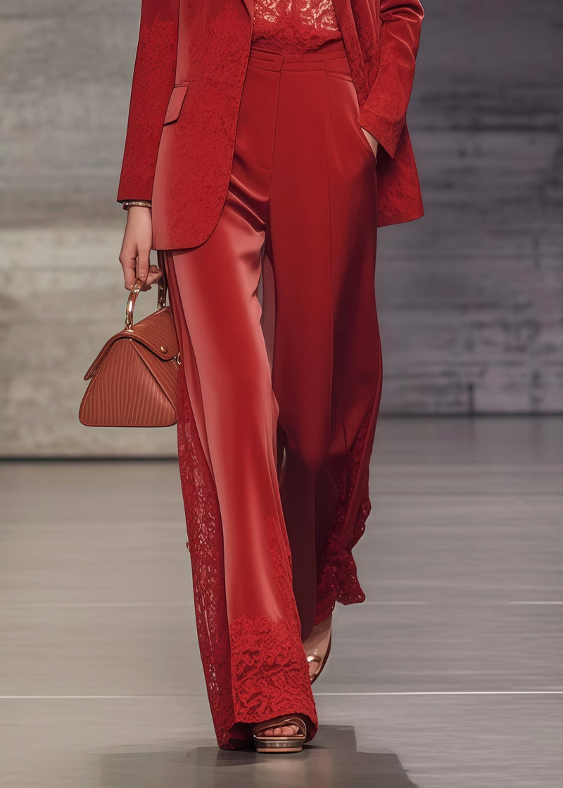 Boutique Red Oversized Patchwork Lace Spandex Coats and Straight Pantstwo Pieces Set Spring