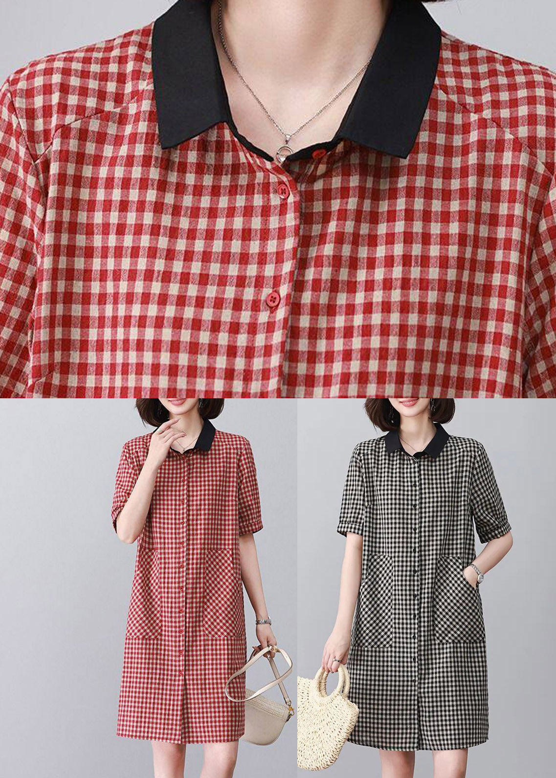 Boutique Red Peter Pan Collar Plaid Mid Dress Summer