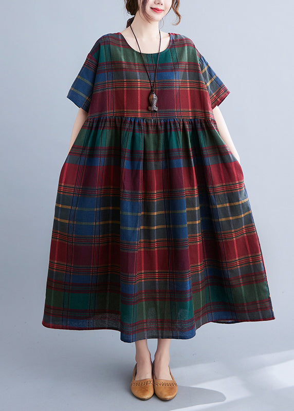 Boutique Red Plaid O-neck Wrinkled Cotton Long Dress Short Sleeve
