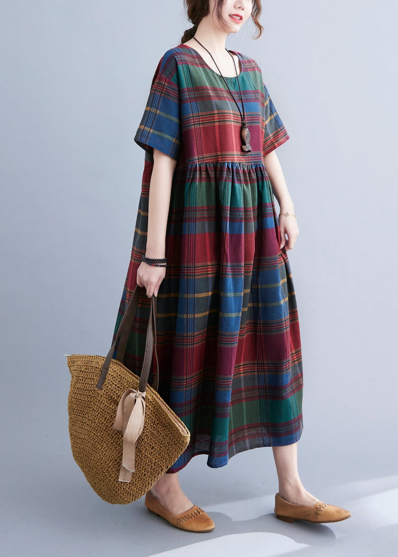 Boutique Red Plaid O-neck Wrinkled Cotton Long Dress Short Sleeve