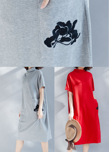 Boutique Red Turtle Neck Cotton Party Dress Short Sleeve