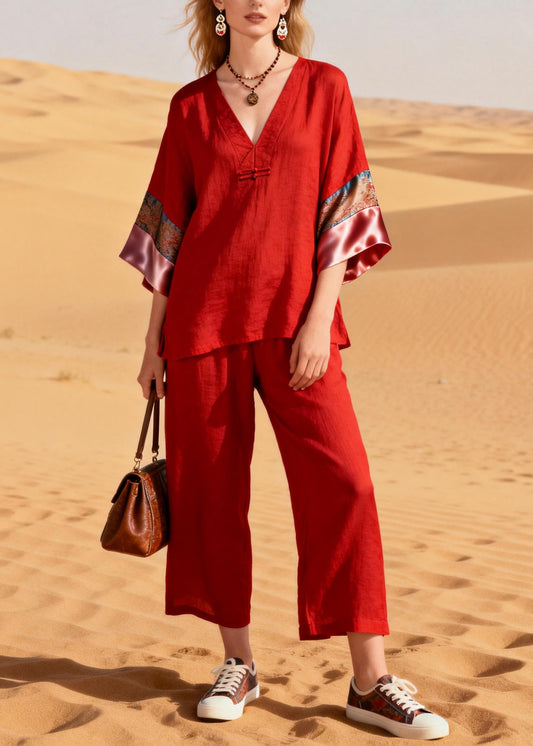 Boutique Red V Neck Patchwork Cotton Oriental Two Pieces Set Half Sleeve