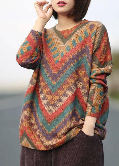 Boutique Striped Print O-neck Retro Fall Sweater
