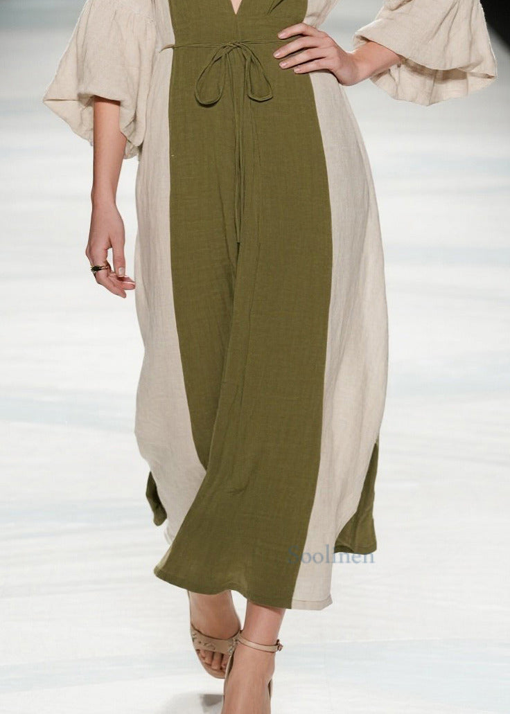 Boutique Tea Green V Neck Patchwork Cotton Long Dresses Summer