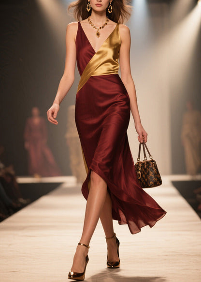Boutique V Neck Patchwork Silk Spaghetti Strap Dress Summer