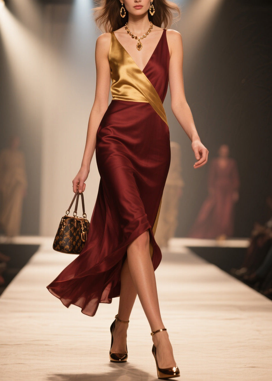 Boutique V Neck Patchwork Silk Spaghetti Strap Dress Summer