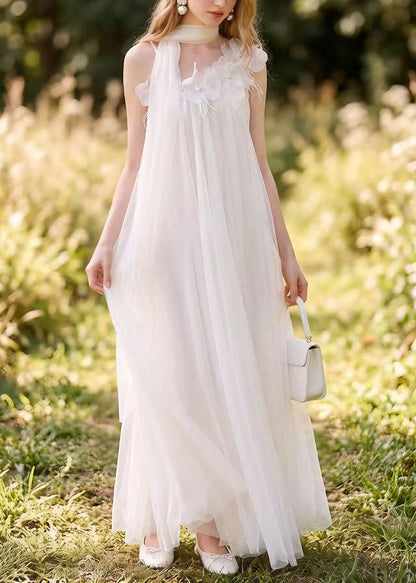 Boutique White Nail Bead Tulle Long Dress Summer