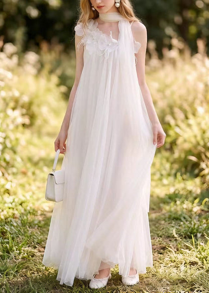 Boutique White Nail Bead Tulle Long Dress Summer
