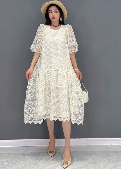 Boutique White O-neck Patchwork Lace Long Dress Half Sleeve