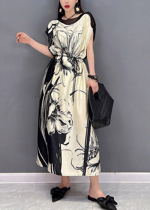 Boutique White O-neck Print Tie Waist Chiffon Dress Short Sleeve