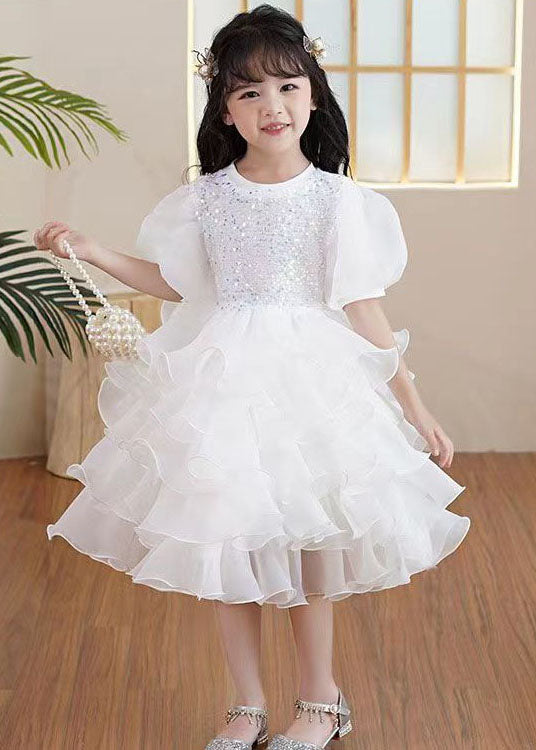 Boutique White Ruffled Sequins Patchwork Tulle Kids Party Dresses Summer