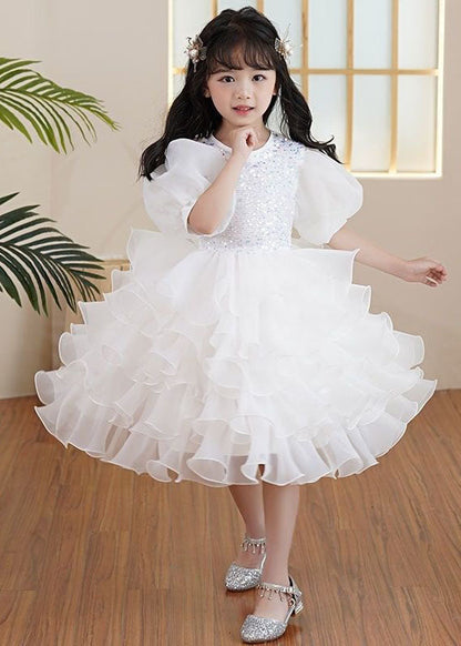 Boutique White Ruffled Sequins Patchwork Tulle Kids Party Dresses Summer