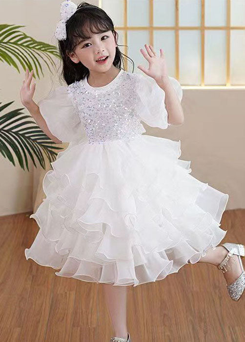 Boutique White Ruffled Sequins Patchwork Tulle Kids Party Dresses Summer