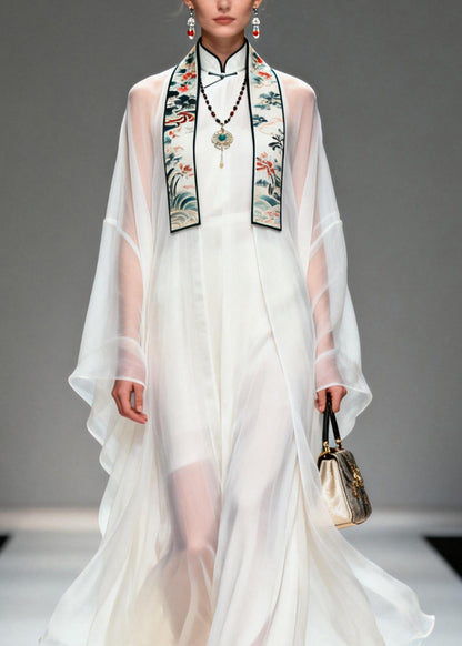 Boutique White Stand Collar Patchwork Chiffon Two Pieces Set Summer