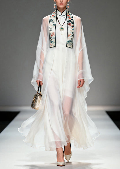 Boutique White Stand Collar Patchwork Chiffon Two Pieces Set Summer
