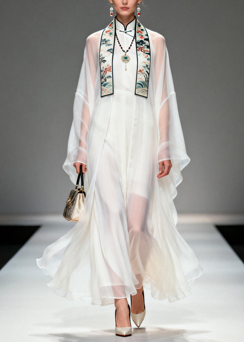 Boutique White Stand Collar Patchwork Chiffon Two Pieces Set Summer