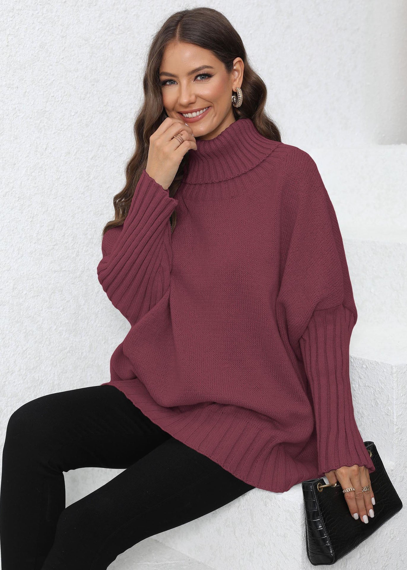 Boutique Wine Red Peter Pan Collar Thick Patchwork Knit Sweater Fall
