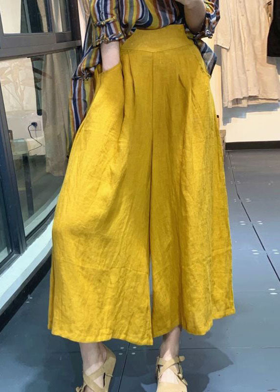 Boutique Yellow Pockets Wrinkled Cotton Pants Spring