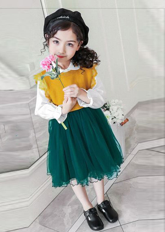 Boutique Yellow Tulle Lace Up Patchwork Knit Baby Dress Two Pieces Set Fall